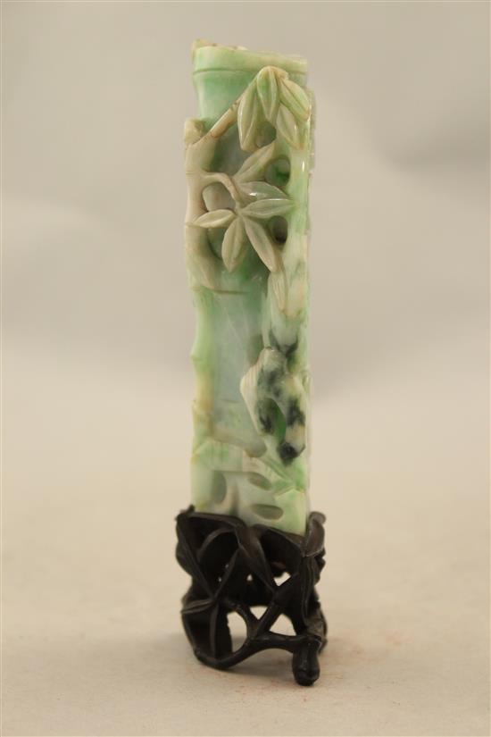A Chinese jadeite peacock and bamboo vase, early 20th century, 11.3cm, bamboo sprig carved wood stand